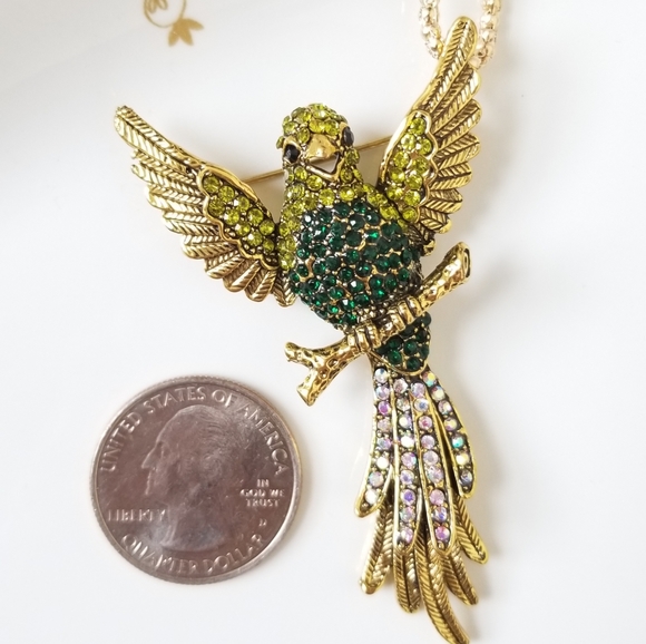 Green Parrot Branch Brooch Pendant Necklace NWT - Picture 5 of 10